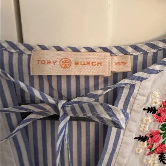 TORY BURCH STRIPED EMBROIDERED COTTON BEACH COVER-UP. - Picture 2 of 6